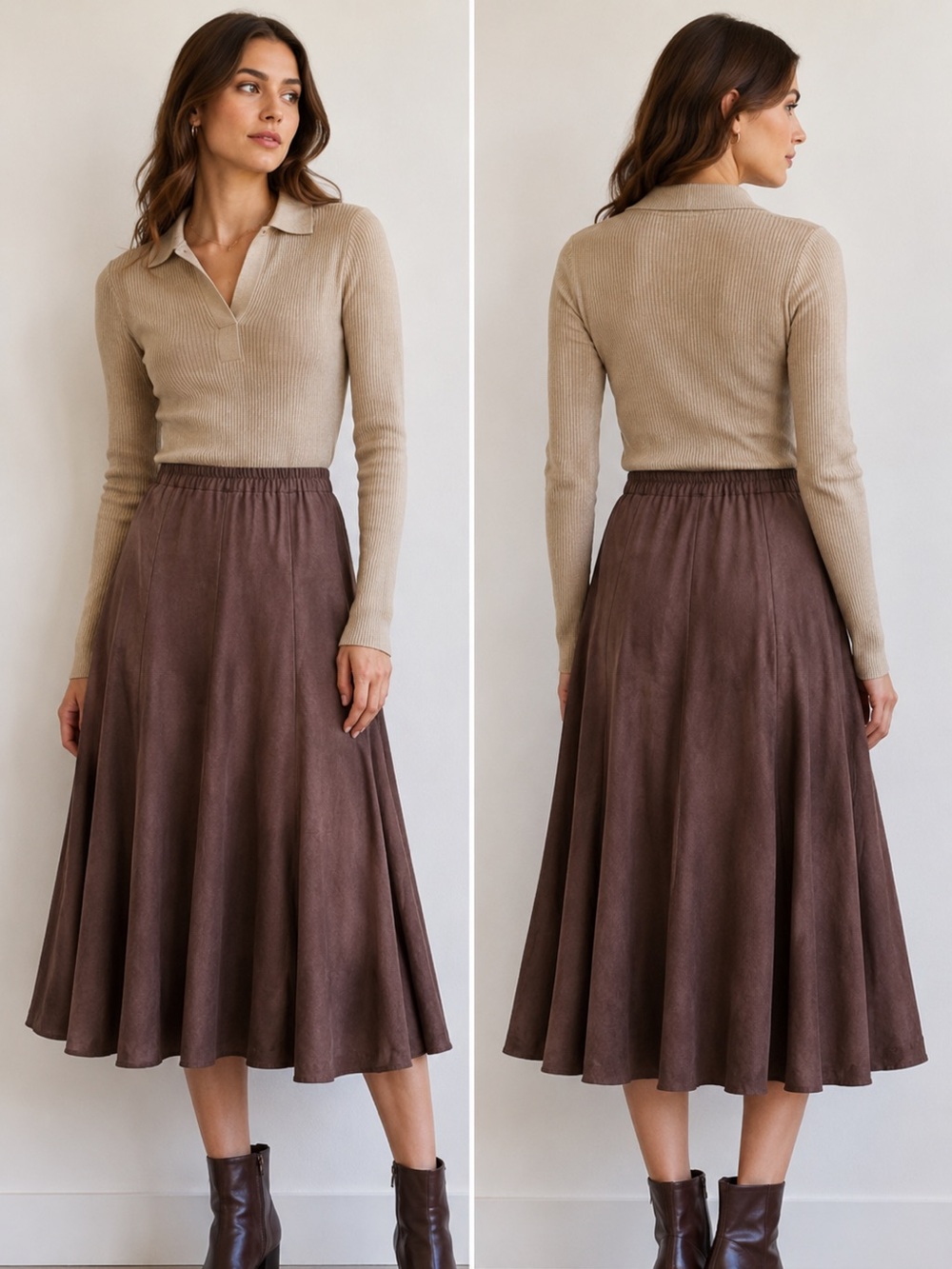 Coldwater Creek Faux Suede A-Line Midi Skirt - Brown Sz PXS